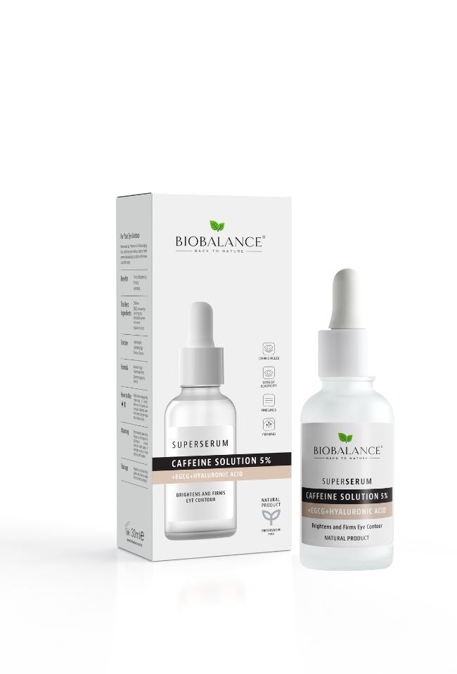 BIOBALANCE СУПЕР ОКОЛООЧЕН СЕРУМ ПРОТИВ ТЪМНИ КРЪГОВЕ И ТОРБИЧКИ С КОФЕИН 30мл