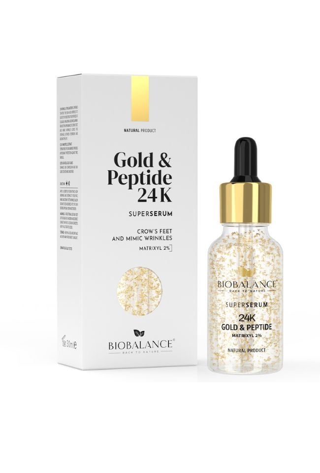 BIOBALANCE СУПЕР СЕРУМ 24K ЗЛАТО И ПЕПТИДИ, ПРИ „ПАЧИ КРАК“ И МИМИЧЕСКИ БРЪЧКИ 30мл